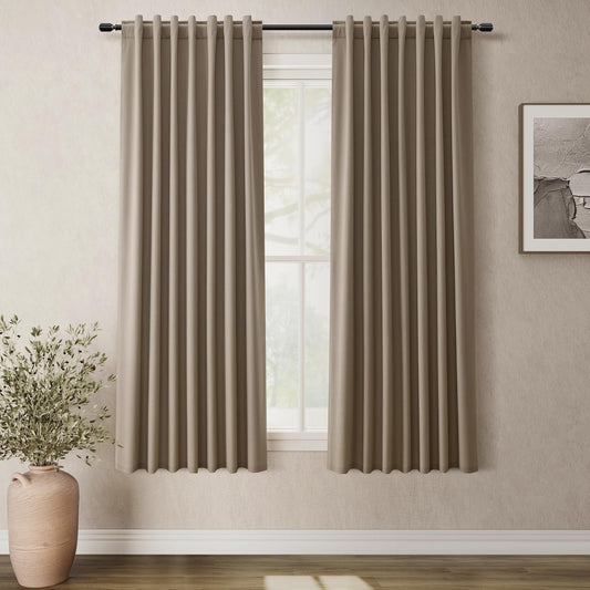 BOODII 63 Inch Blackout Curtains Linen Black Out Curtains for Bedroom 2 Panels Set Neutral Room Darkening Curtain Dark Brown Thermal Insulated Curtain for Nursery Window Drapes Back Tab 52x63