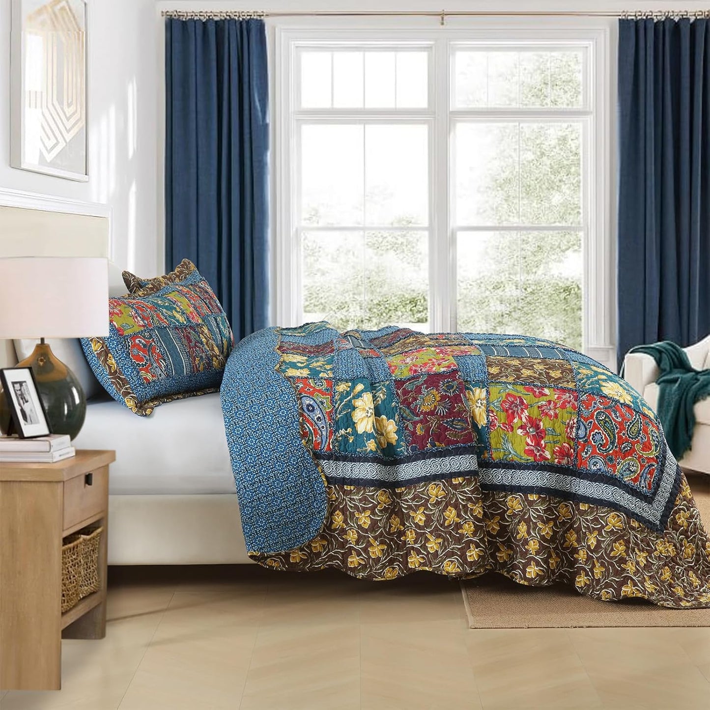 Yvooxny King Quilt Set Reversible Paisley King Size Quilted Bedspread Coverlet Set Country Farmhouse Cottage Quilted Bedding Set with Pillowcases for All Seasons, King Size, 108 * 96 Inches