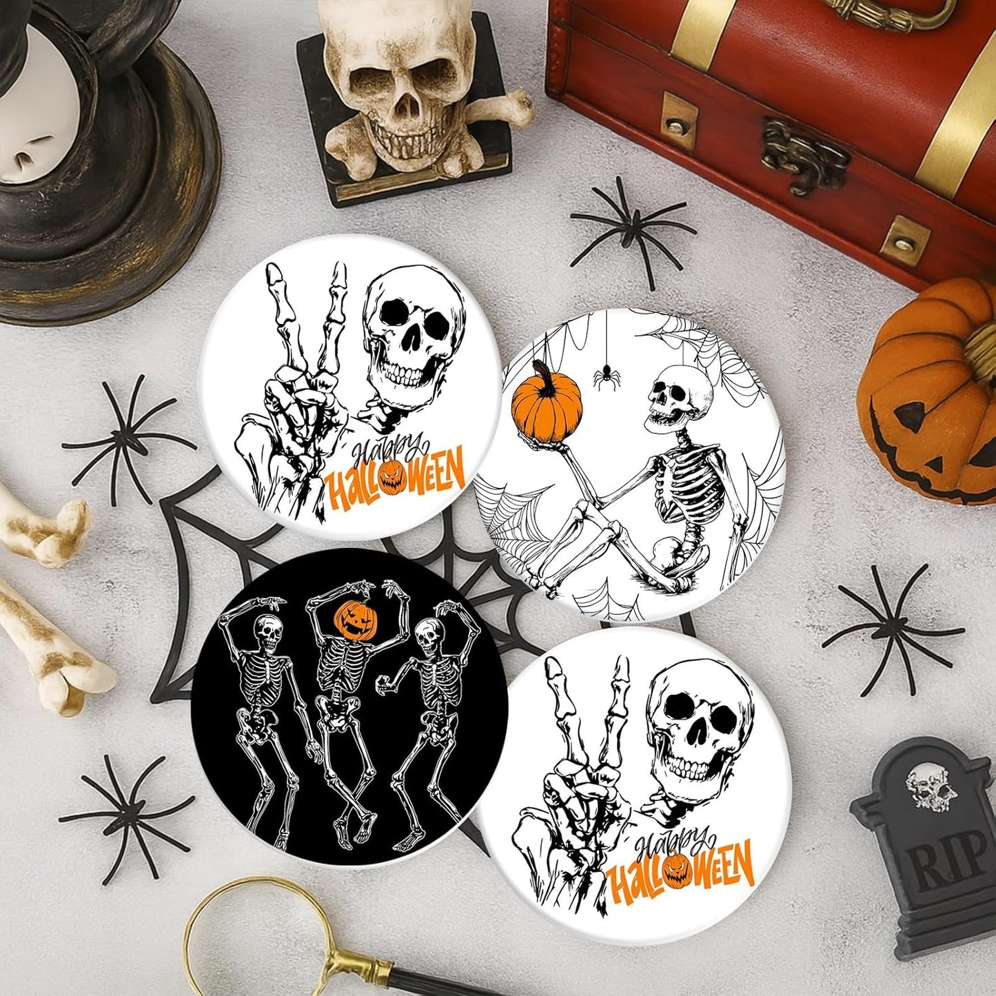 Coaster for Drinks Set of 6, Happy Fall Absorbent Round Ceramic Stone Mat, with Cork Base and Metal Holder