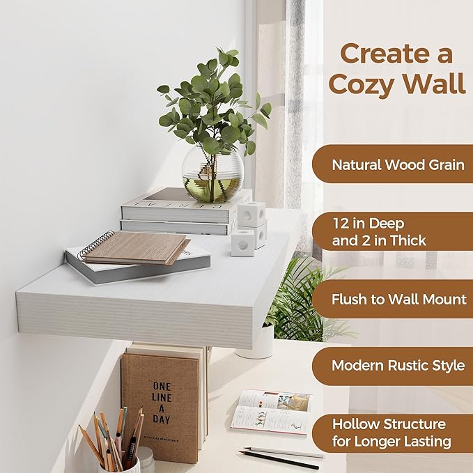 12 Inch Deep White Floating Shelves, 24 x 12 Floating Shelf for Books, Rustic Wood Deep Wall Shelves for Home Storage & Display, 2" Thicked Shelves for Kitchen, Living Room, Bedroom, 1 Pack