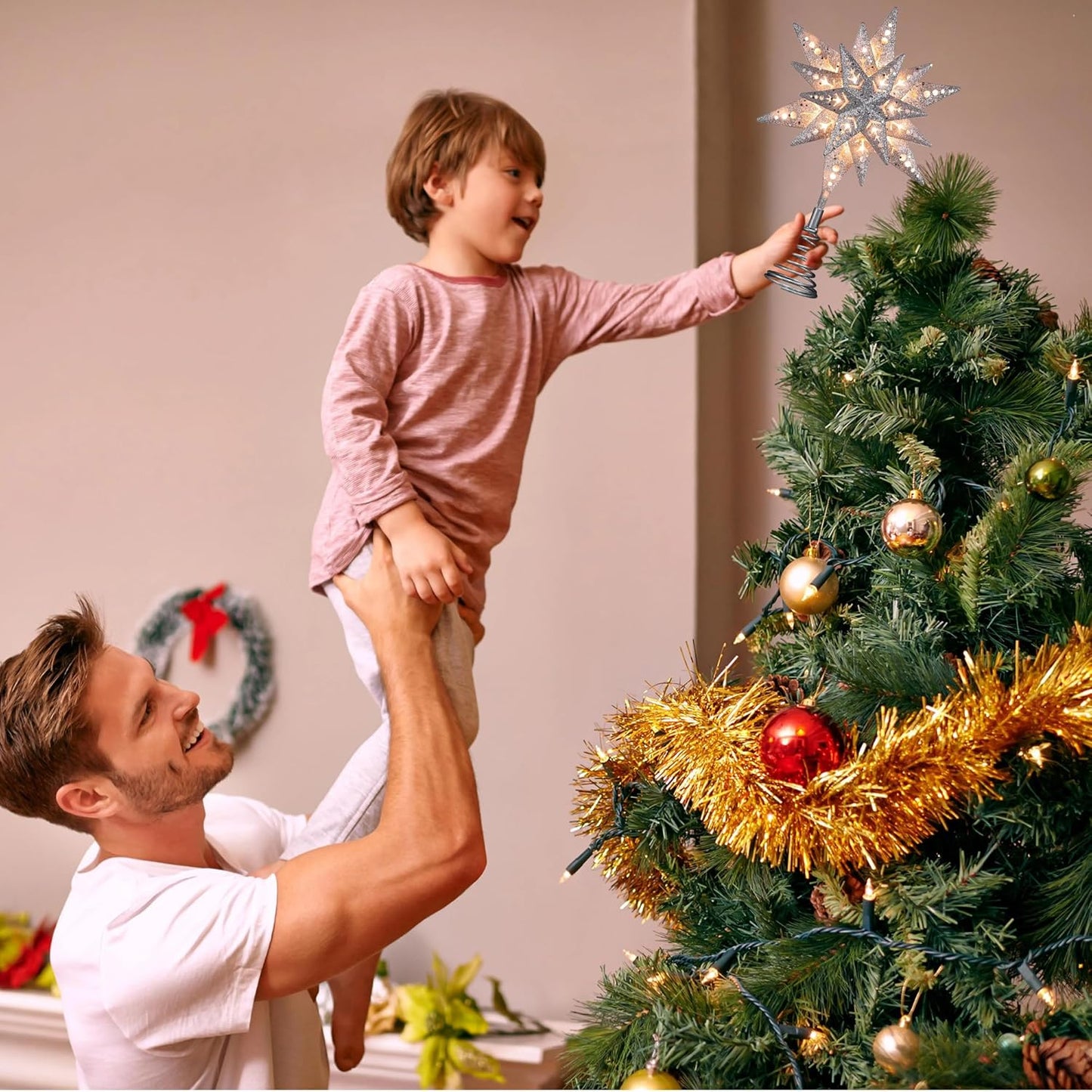 ODEETRONIC Silver Glittered Snowflake Tree Topper, 8 in 3D Christmas Tree Star Topper with 25 Clear Lights, 120V UL Certified Snowflake Tree Toppers, Warm Silver Tree Toppers for Xmas Tree Party Decor