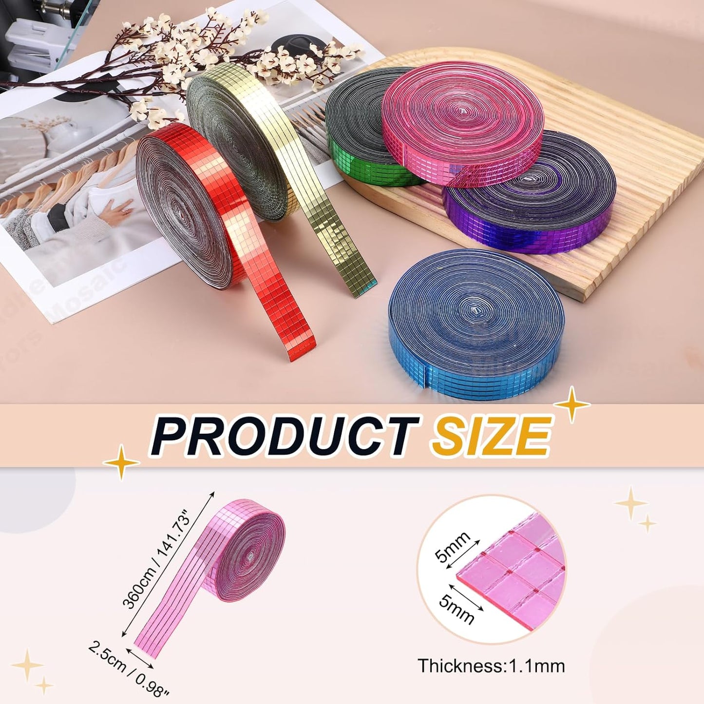 PATIKIL 5x5mm Self Adhesive Mirrors Mosaic Tiles, 3600 Pcs Square Mini Glass Mosaic Disco Tile Sticker for DIY Craft Disco Ball Party Decoration, Pink