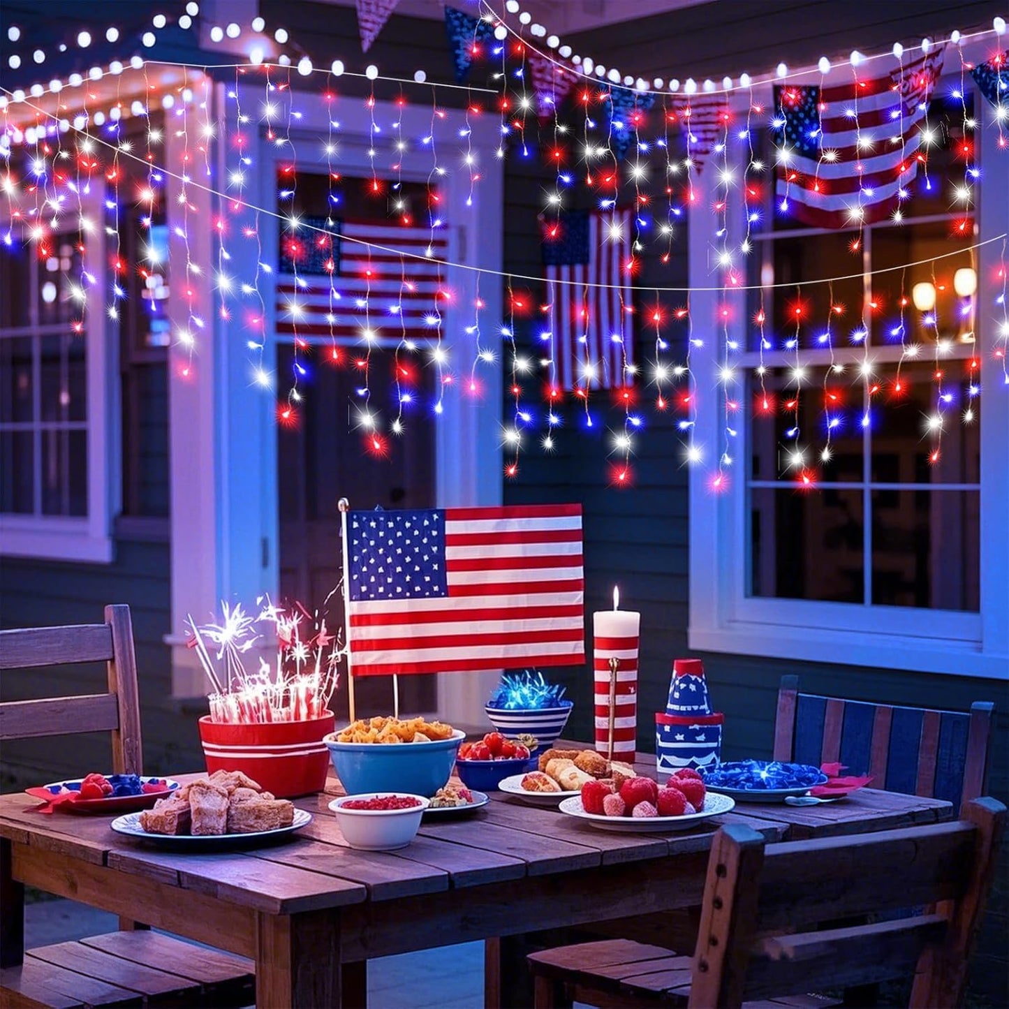 66ft 640LED Red White and Blue Lights for 4th of July Decorations Outdoor Independence Day Decorations Icicle Light for Outside, Clear Wire Connectable Twinkle Light for House Party Holiday Patio Yard