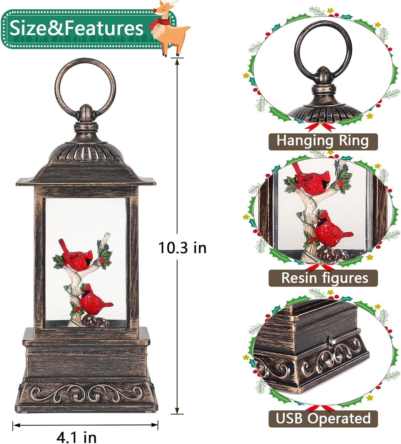 Christmas Snow Globe Cardinal Lantern, Glitter Lighted Christmas Decorations for Home with Music, Light Up Musical Snowglobe Cardinal Décor