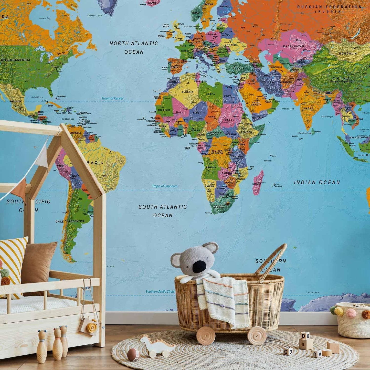 artgeist Premium Wall Mural World Map 197x138 in - Non-Woven Wallpaper Fleece Wall Decor Photo Print Picture Image Design Home Map of The World k-A-0095-a-a