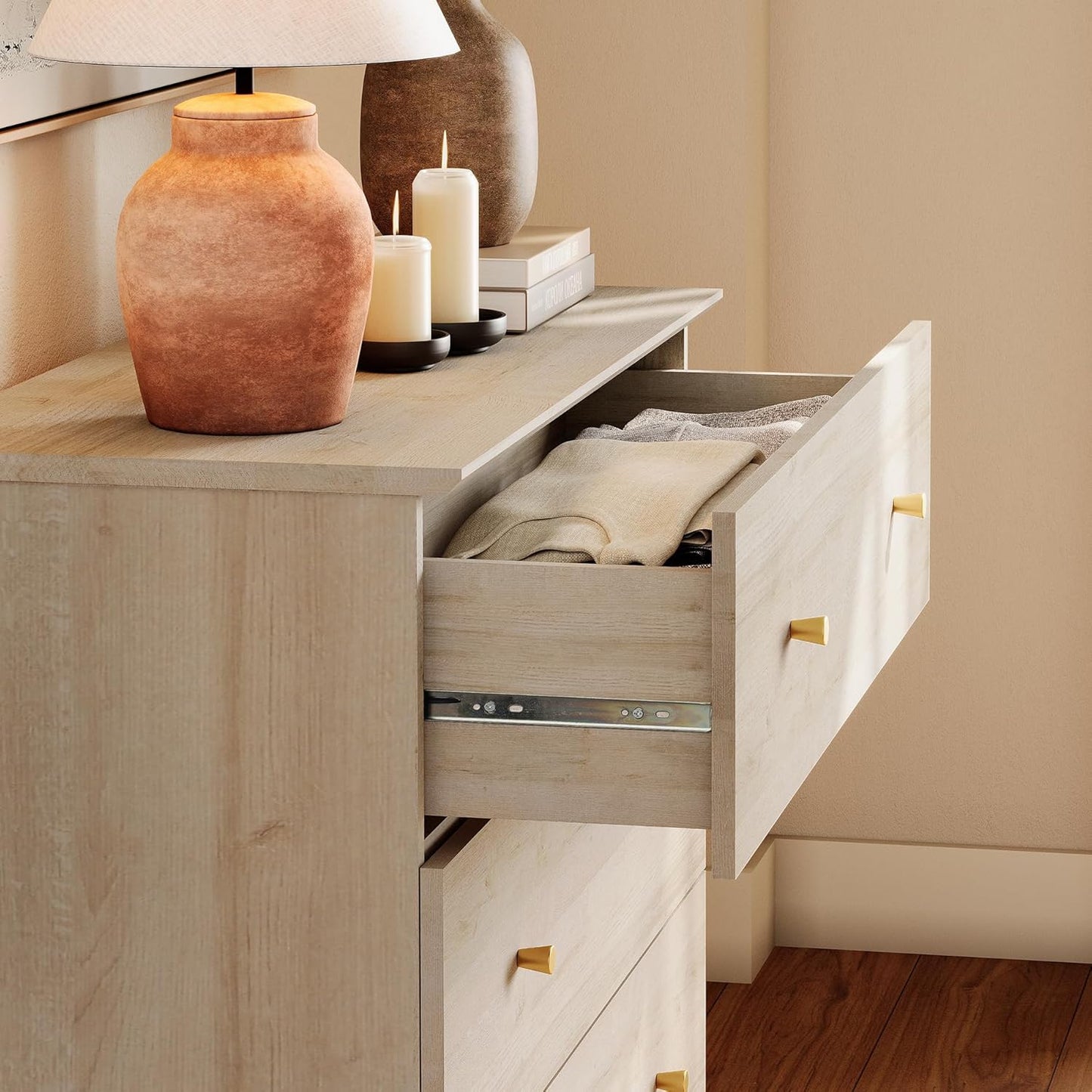 WAMPAT Dresser with 9 Drawers, Bedroom 3-in-1 Wide Wooden Chest of Drawers, Modern Long Dressers Closet Storage Organizer w/Solid Wood Legs for Living Room, Kids Room, Nursery, Light Oak, 106 Inches