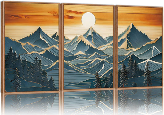 Tinonedraw Metal Mountain Framed Canvas Wall Art, Boho Mountains Artworks, Mid Century Modern Blue Ridge Wall Decor, Vintage Nature Forest Sunset Art Print for Living Room Bedroom Office 24"x36"x3