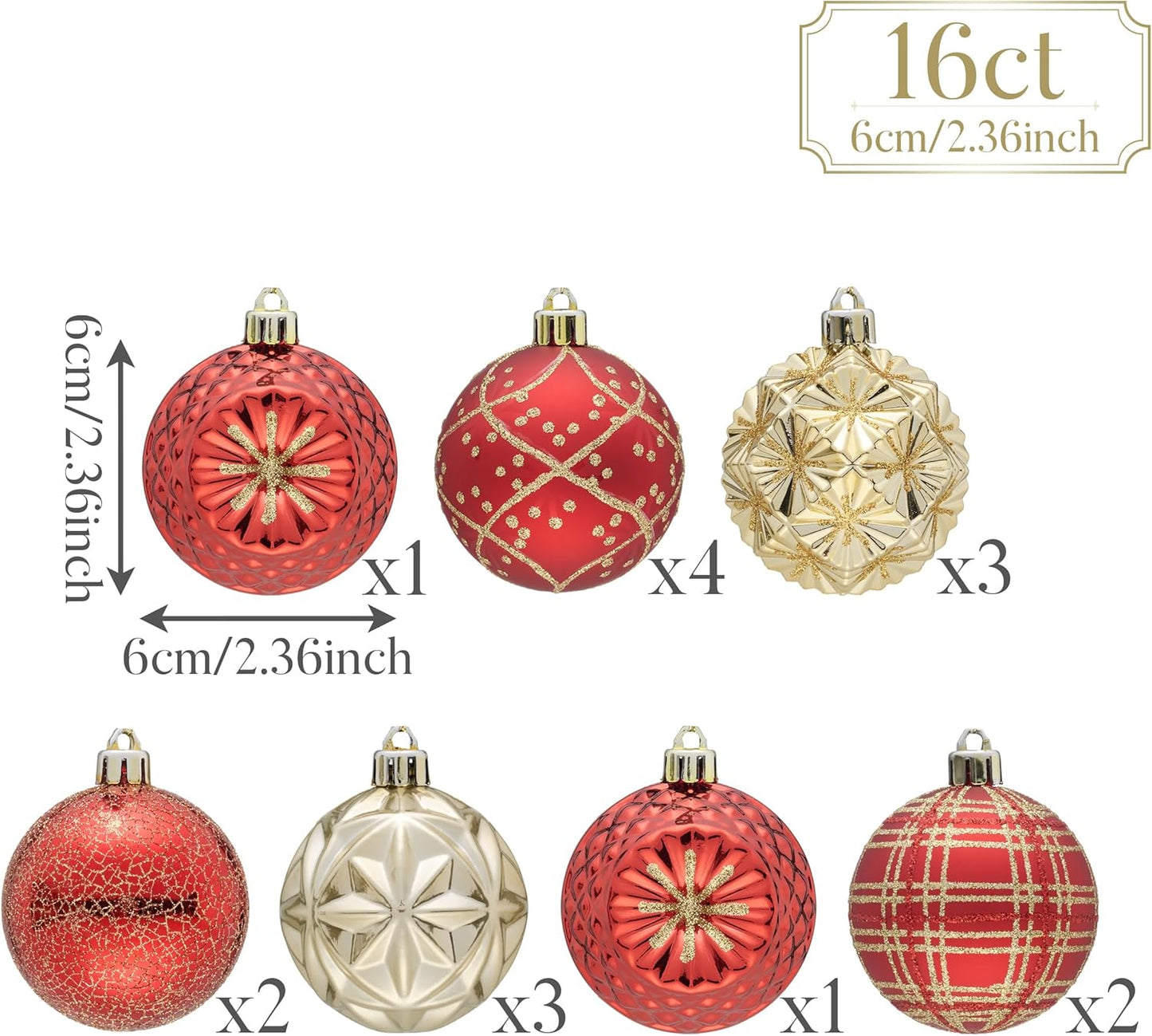 Valery Madelyn Ornaments for Christmas Trees, 16ct 2.36 Inches Red and Gold Shatterproof Christmas Tree Decorations, Luxury Hanging Ball Ornaments for Xmas Holiday Party Decor