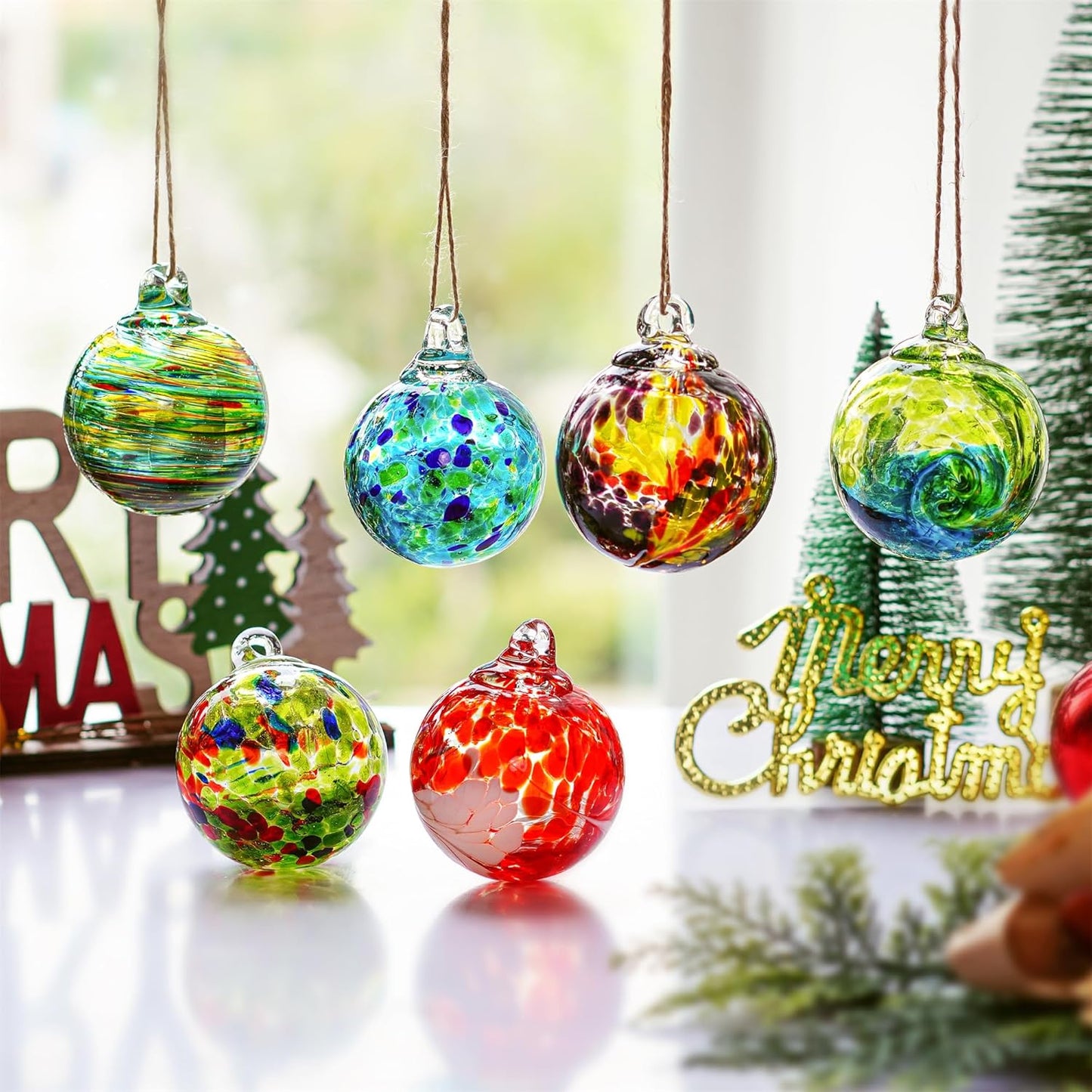 6pcs Hand-Blown Glass Christmas Ornaments Balls Hanging Friendship Balls Glass Witches Ball Gazing Ball for Home Window Outdoor Garden Patio Décor Gifts for mom