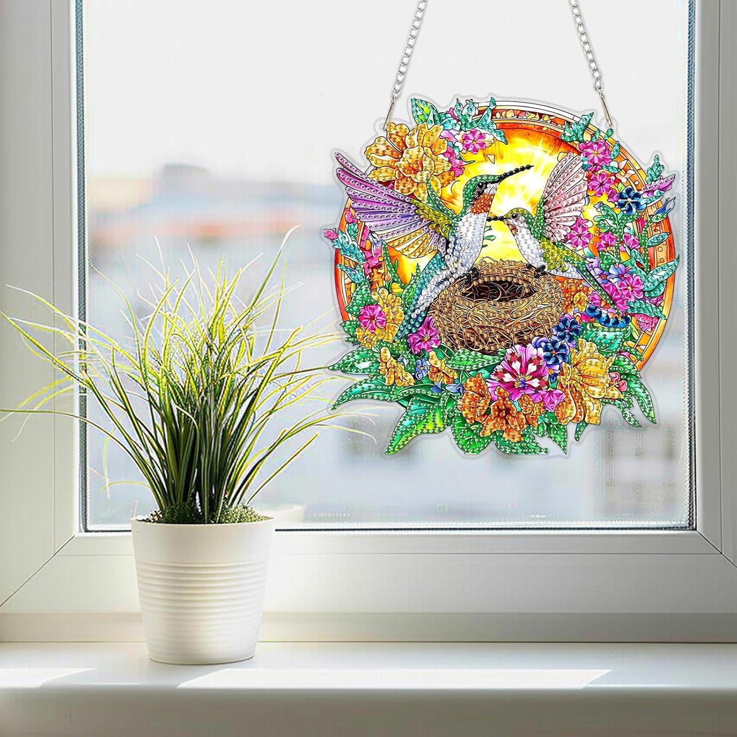 SENQAO Hummingbird Diamond Art Hanging Kit for Adult, Special Shaped Rhinestone, Double Sided DIY Acrylic Diamond Art Painting Window Pendants Home Garden Wall Hanging Kits Hanging Ornament