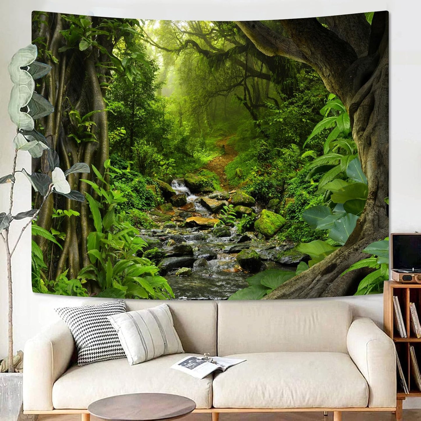 AMM Green Rainforest Tapestry Nature Forest Tapestry for Bedroom Aesthetic Misty Tropical Jungle Trees Flowing Stream Landscape Tapestries Wall Hanging for Living Room Dorm 48 x 36 Inch
