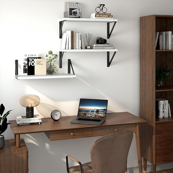 Heimlove Floating Shelves for Wall, 16 Inch Long Wood Floating Shelves Set of 3, Wall Mounted Hanging Shelf for Bathroom Bedroom Kitchen, White