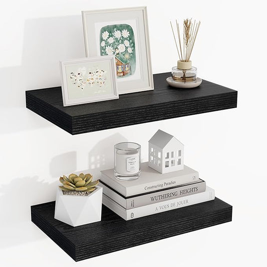 16 Inch Floating Shelves, 16"x9.25"x1.5" Inch Deep Floating Shelves for Wall, Wooden Shelves for Bathroom, Bedroom, Living Room, Black