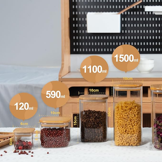 5oz Airtight Square Spice Containers with Bamboo Lid Set of 12 with Black Lables Storage Stackable Spice Jar, Kitchen Canister for Sugar, Tea, Flour, Salt and Seasonings (‎Clear Glass)