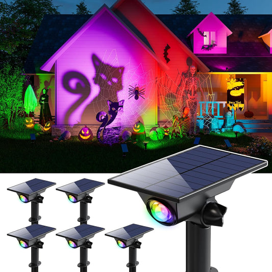 6 Pack Color Changing Solar Power Spot Lights for Halloween Decorations, Skeletons, Tombstones, Ghost, Outdoor Waterproof LED Landscape Spotlight Lamp for Outside Yard, Tree, Flag, Garden, Statues