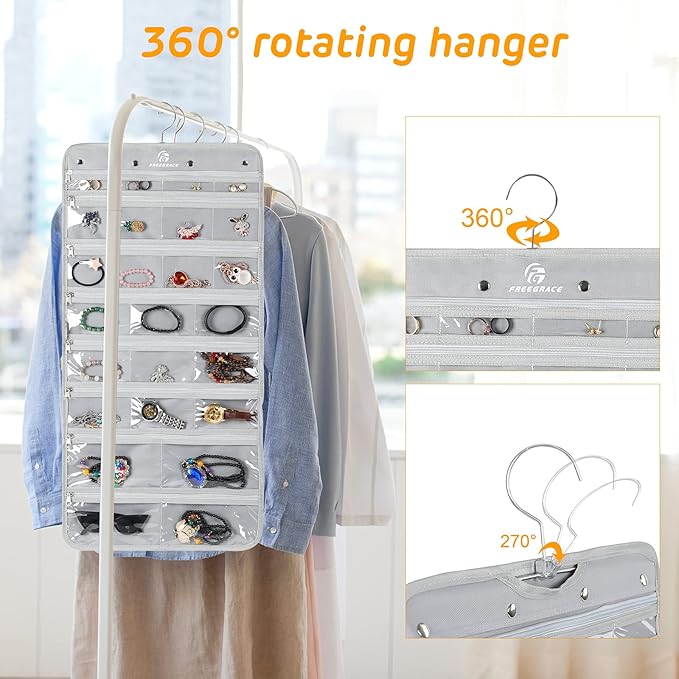 Freegrace Hanging Jewelry Organizer Revolving Hanger - Secure Zipper Closure - 25 Pockets,23 Hooks - Foldable Storage & Display Solution - For All Jewelry & Bijoux (Gray)