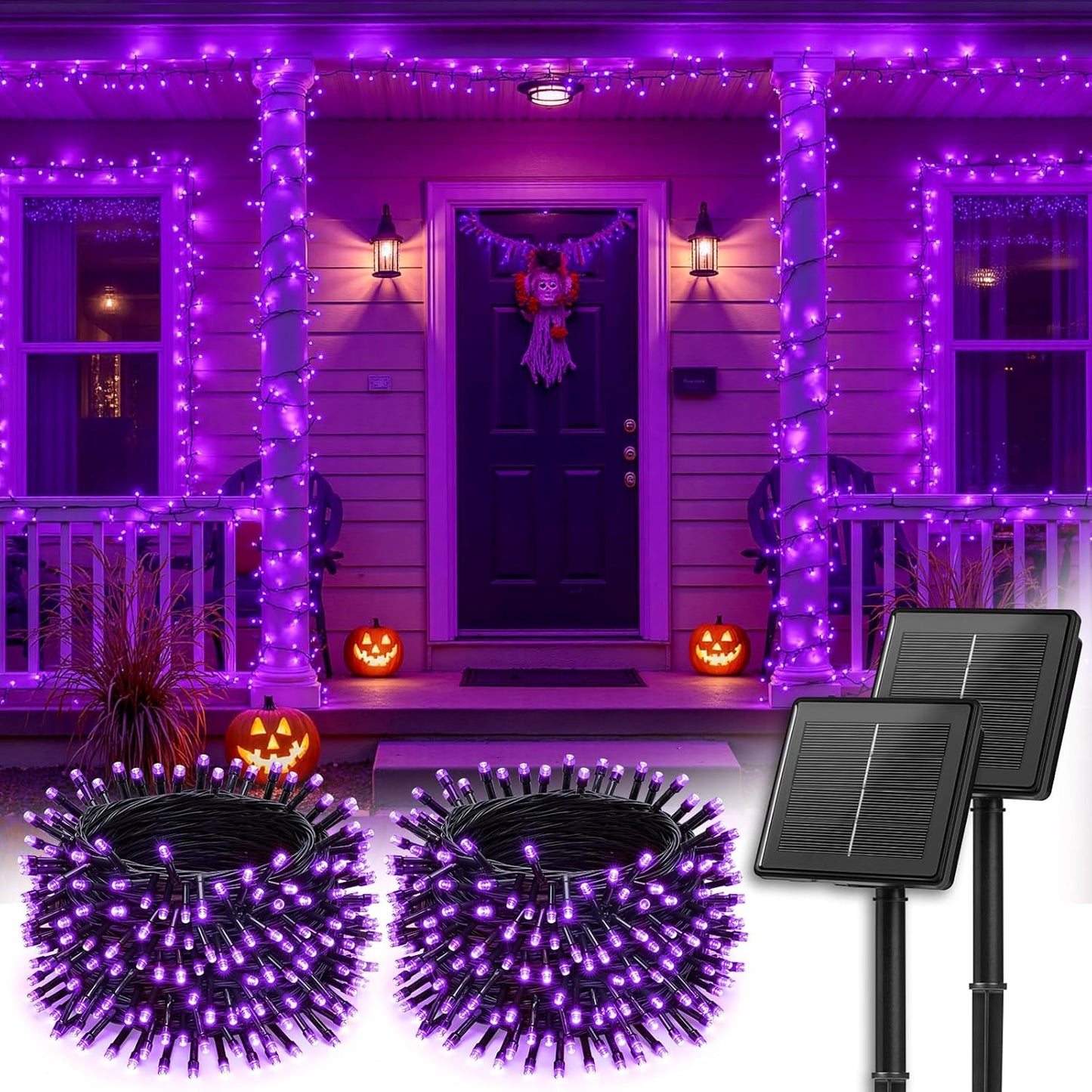 Brightown 2 Pack Halloween Solar String Lights Outdoor, Total 144Ft 400 LED Twinkle Fairy Lights Waterproof with 8 Modes Auto On/Off for Patio Tree Garden Party Home Decorations (Purple)