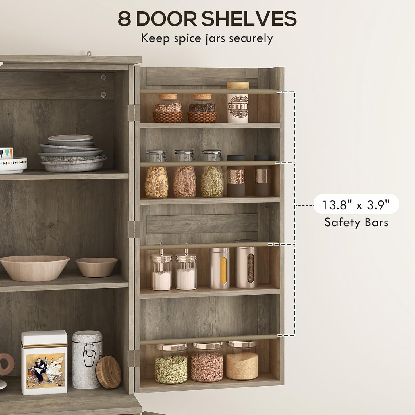 HOMCOM 72" Farmhouse Kitchen Pantry Cabinet, Freestanding Tall Storage Cabinet with 4 Barn Doors, 4 Adjustable Shelves and 8 Door Shelves, Gray Wash