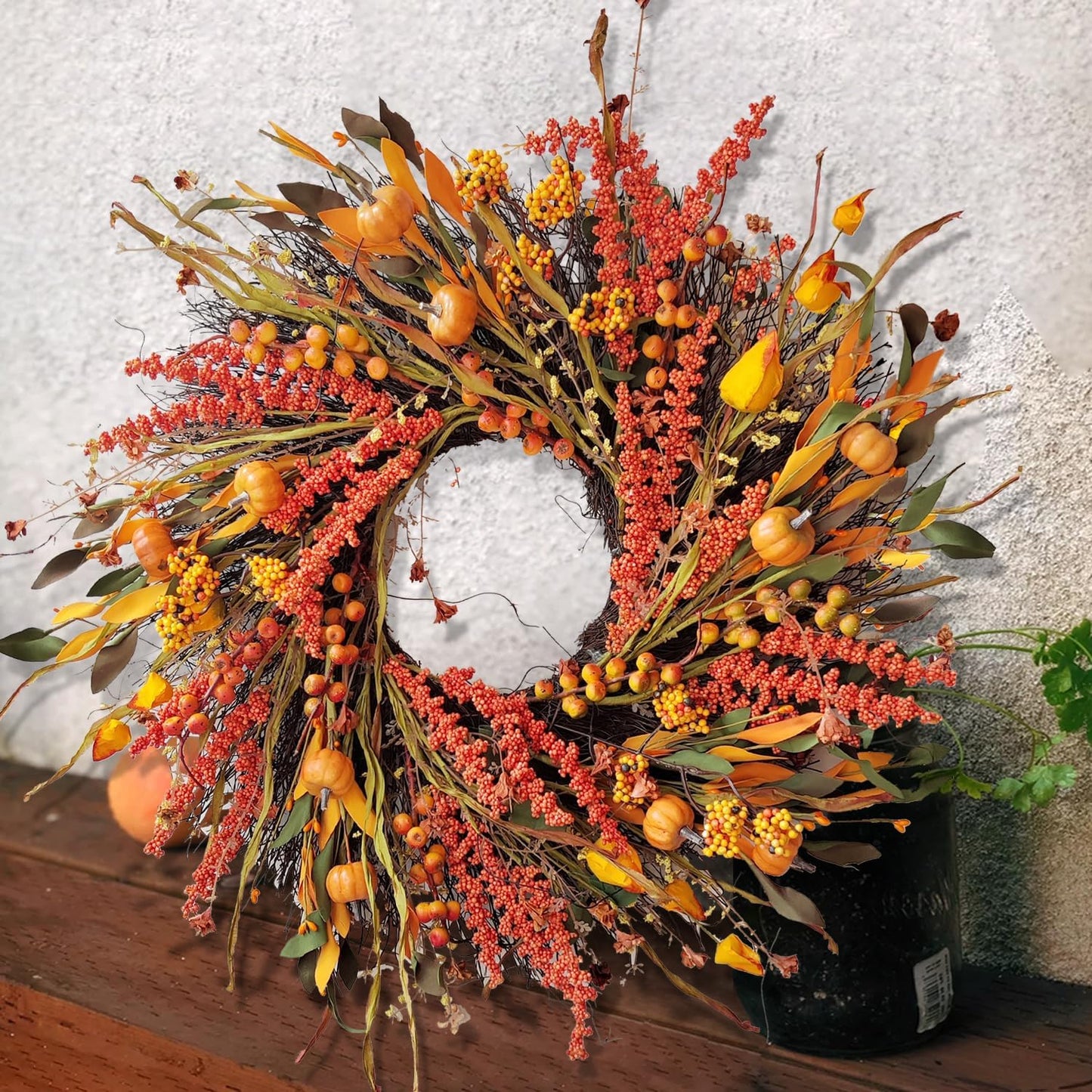 WANNA-CUL 24 inch Fall Wreath Decor for Front Door with Pumpkins, Hawthorn,Grain,Lantern Fruit,Berries,Eucalyptus Leaves, Large Harvest Door Wreath for Autumn or Thanksgiving Decoration