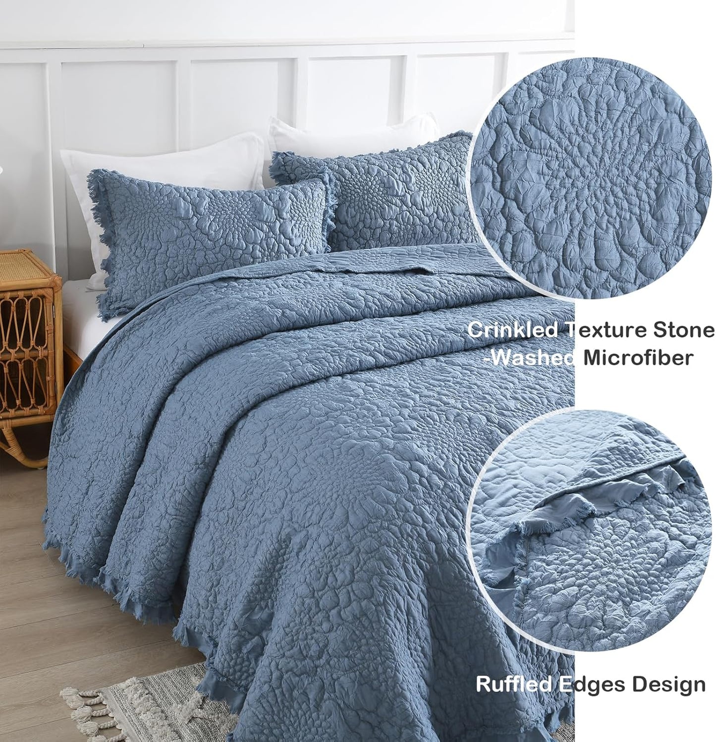 HORIMOTE HOME Blue Ruffled Quilt King Size, Stone-Washed Microfiber Lightweight Crinkled Farmhouse Rustic Shabby Chic Bedding Set, 3 Pieces Reversible Bedspread with Pillow Shams for All Season