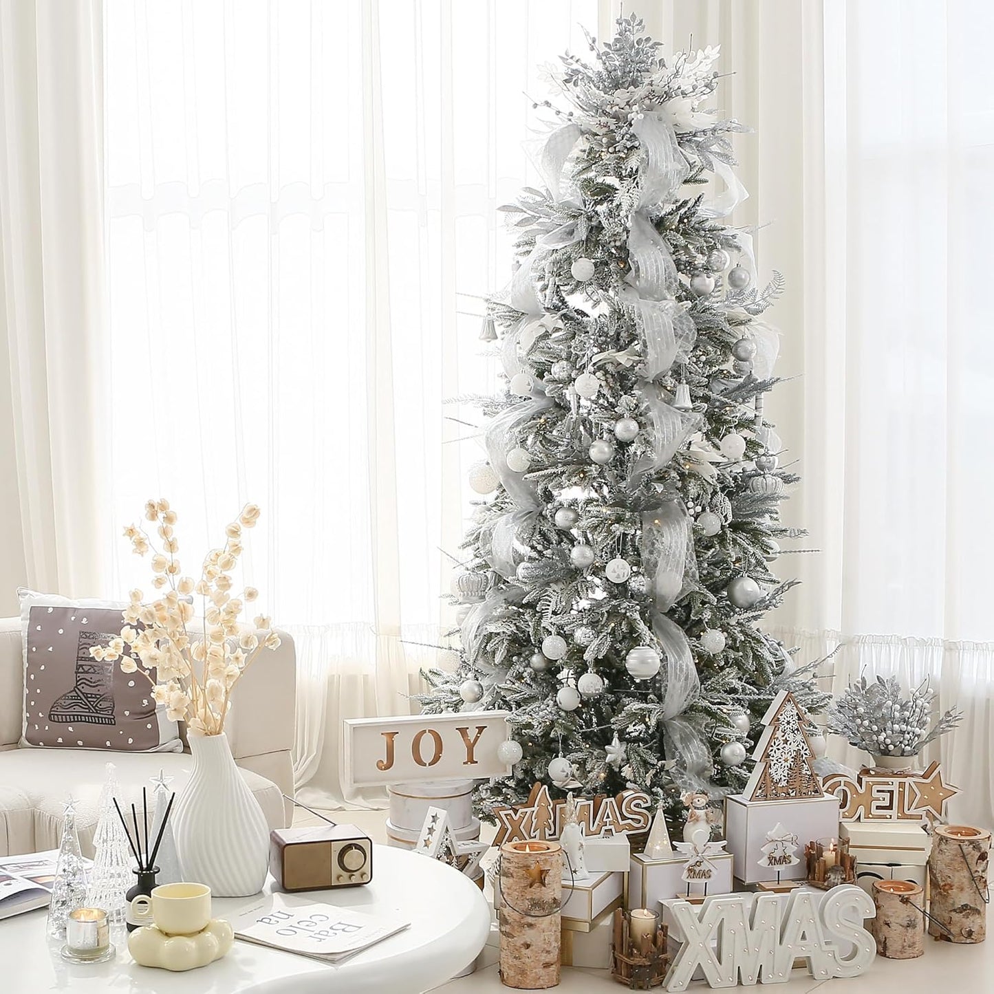 Sea Team 60mm/2.36" Delicate Contrast Color Theme Painting & Glittering Christmas Tree Pendants Decorative Hanging Christmas Baubles Balls Ornaments Set - 30 Pieces (Silver & White)