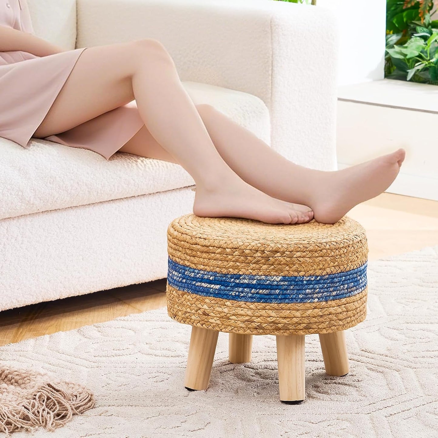 Handwoven Round Ottoman, Natural Water Hyacinth Outdoor Patio Pouf Seagrass Low Stool with Wood Legs, Soft Padded Footrest for Living Room Bedroom Garden, Blue