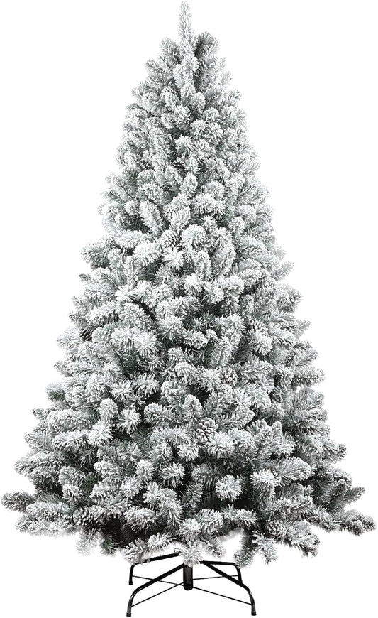 7ft Snow Flocked Christmas Tree, Premium Hinged Unlit Artificial Christmas Pine Tree with Pine Cone, Artificial Xmas Tree for Home Office Store, Metal Stand and Hinged Branches
