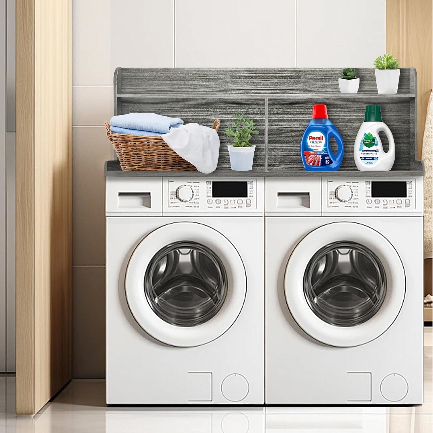 Royxen 2-Tier Washer Dryer Countertop,19.5"H Wood Washer and Dryer Topper with Shelf,Laundry Countertop Over Washer and Dryer, Universal Fit for Laundry Room Organization (Eucalyptus, 54"W X 27.5"D)