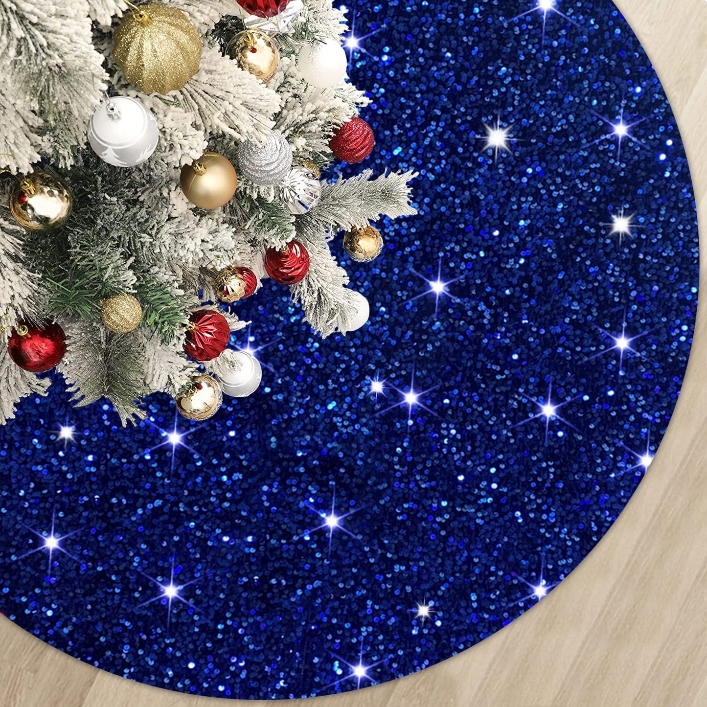 MODFUNS Blue Christmas Tree Skirt Decorations 36 Inches Sequin Christmas Tree Skirt Sparkly Tree Mat Embroidery Velvet Tree Skirts Xmas Ornaments Halloween Tree Cover Skirt Round Sequin Tree Base Mat