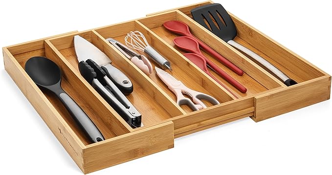 Purawood Kitchen Drawer Organizer, 2 Pack - Expandable Utensil Drawer Organizer for Kitchen, Cutlery Tray & Silverware Organizer, 3-5 Slots - Bamboo Organizer for Utensils & Flatware (Natural)