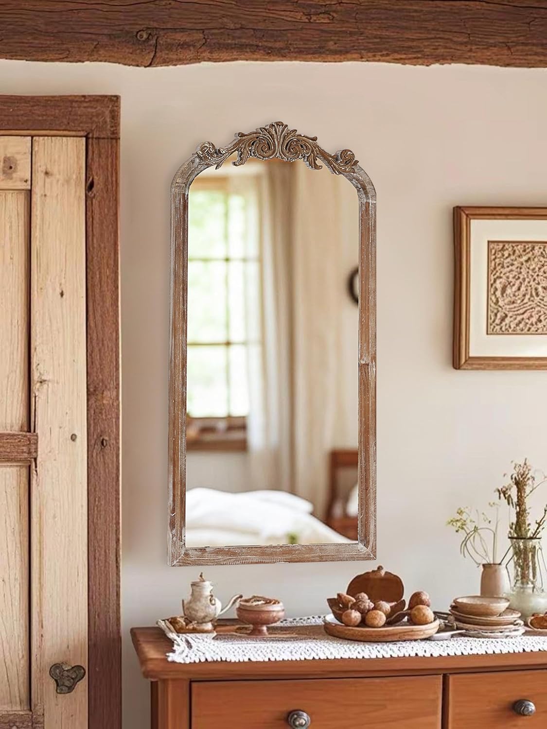 36" Tall Wood Framed Vintage Baroque Style Ornate Wall Mirror in Rustic Brown Finish for Farmhouse, Cottage, Attic for Bathroom, Living Room, Bedroom and Drawing Room(Brown, 16"x32")