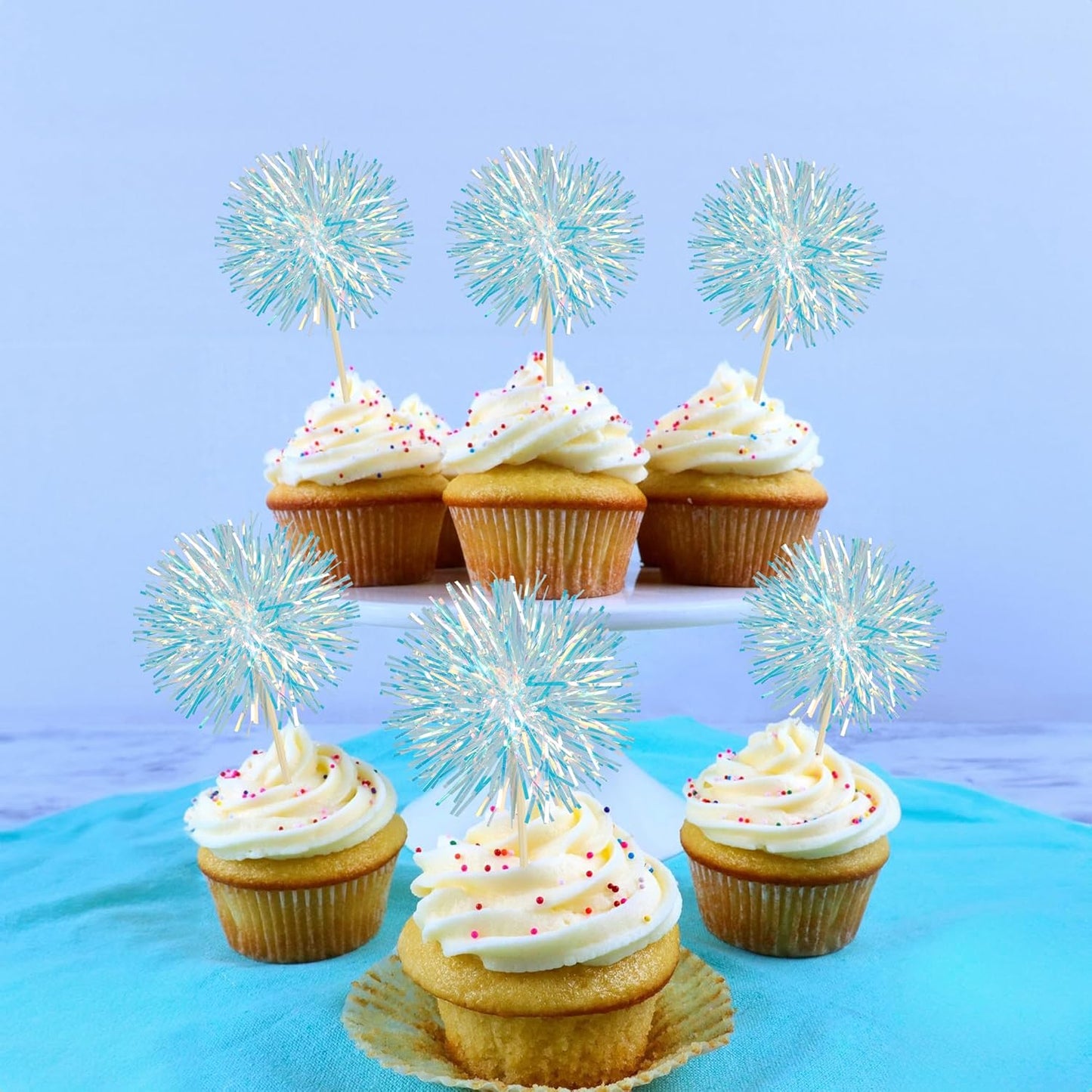 Ephlyn 30Pcs Foil Firework Cupcake Toppers Party Birthday Cake Toppers Supplies Sparkle Tinsel Cocktail Fruit Toothpick for Birthday Wedding Graduation Party Blue
