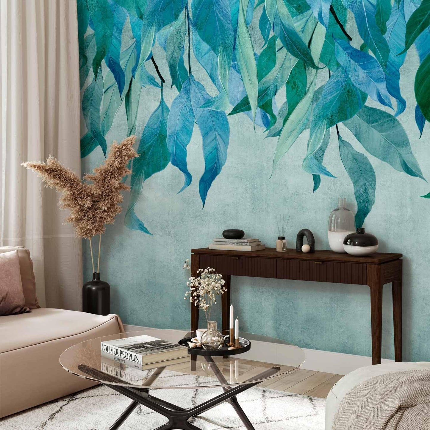artgeist Wall Mural Hanging Leaves 197x138 in - Non-Woven Wallpaper Fleece Wall Decor Photo Print Picture Image Design Nature Botanical Concrete Green Blue b-C-10146-a-b