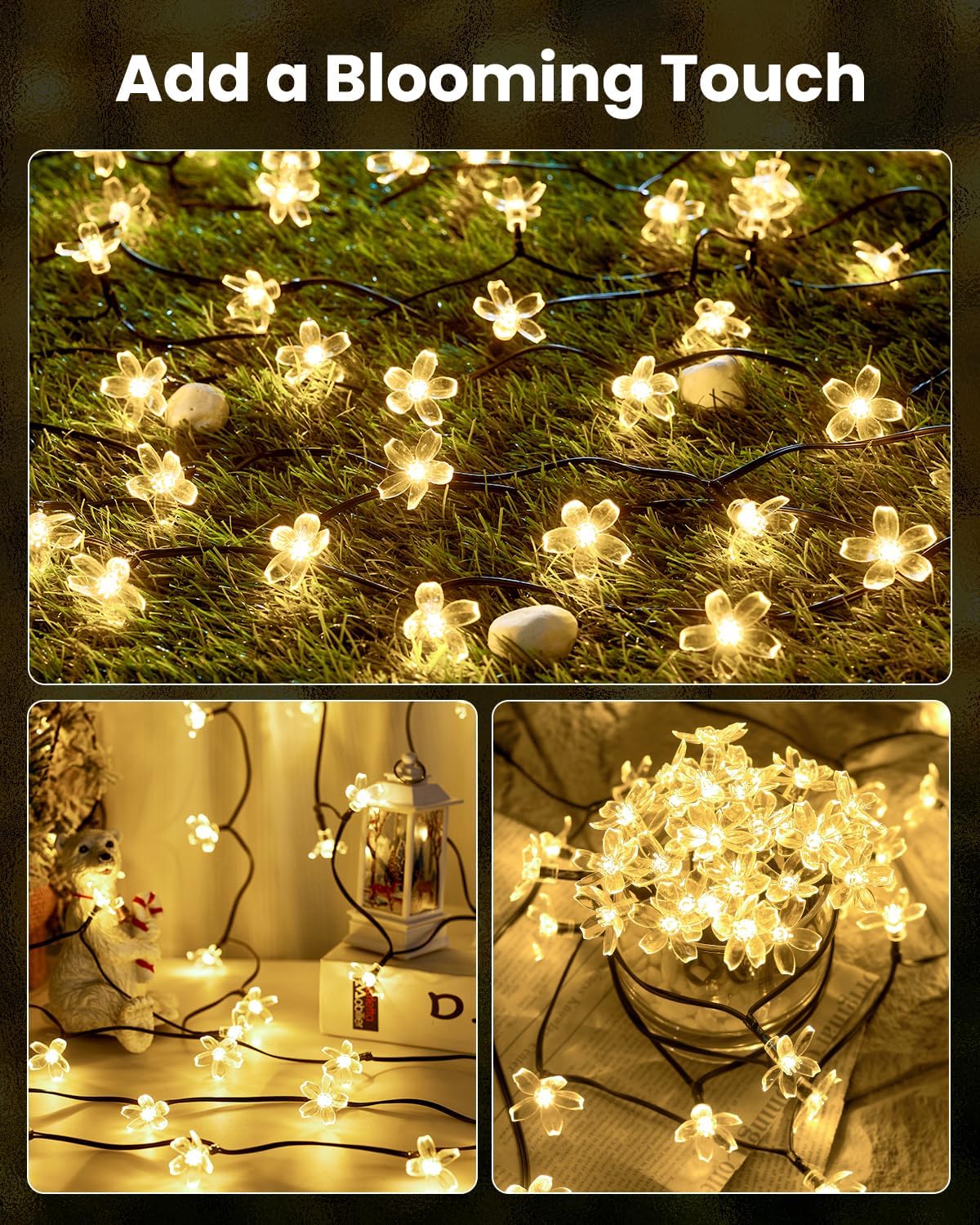 Brightown 2 Pack Total 52FT 120 LED Solar String Lights Flower Outdoor Waterproof Fairy Lights for Garden Yard Fence Patio Christmas Tree Wedding Party Decor, Warm White