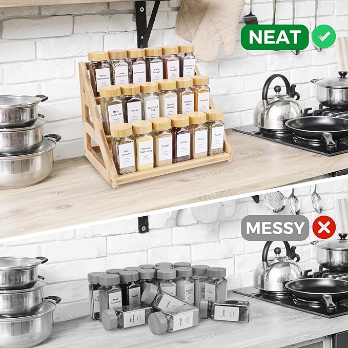 3-Tier Natural Bamboo Spice Rack Organizer - for Kitchen Cabinets, Countertops & Pantries - Space-Saving Tiered Shelf