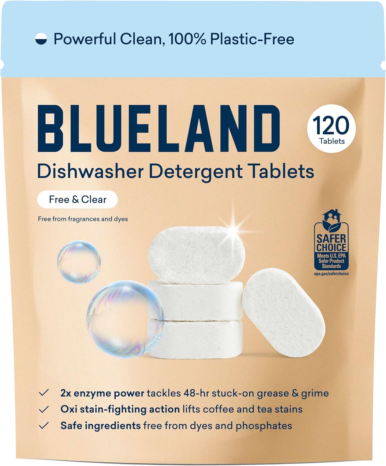 BLUELAND Dishwasher Detergent Tablets, 120 Count, Unscented 100% Plastic-Free Eco Friendly Dishwashing Pods, Natural, Sustainable