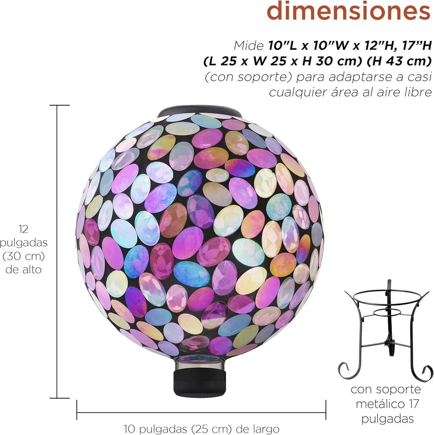 Alpine Corporation Outdoor Solar Powered Pink Glass Mosaic Gazing Globe with LED Lights and Metal Stand, Violet