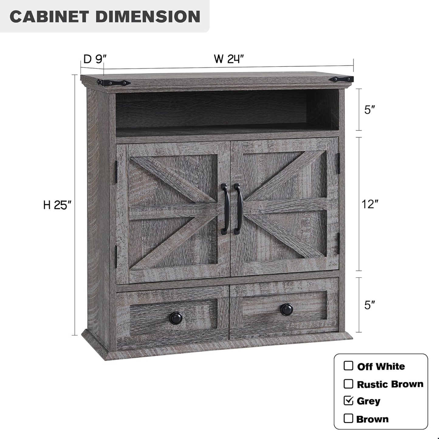 Bathroom Wall Cabinet, Farmhouse Medicine Cabinet, 24" Wide Cabinet with Drawer, Adjustable Shelf, Double Barn Doors, Storage Cabinet for Bathroom, Kitchen, Living Room, Grey Wash