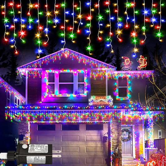 99ft Colored Christmas Lights Outdoor, 1216 LED Icicle Lights for Outside House with Clear Wire 8 Modes Timer, Plug in Waterproof for Home Holiday Eaves Yard Party Tree Room Wall Indoor Decoration