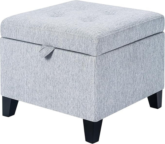 Adeco 18 Inch High Cube Ottoman Storage, Linen Chair Foot Stools, Upholstered Vanity Stool with Hinged Lid, Solid Wood Legs