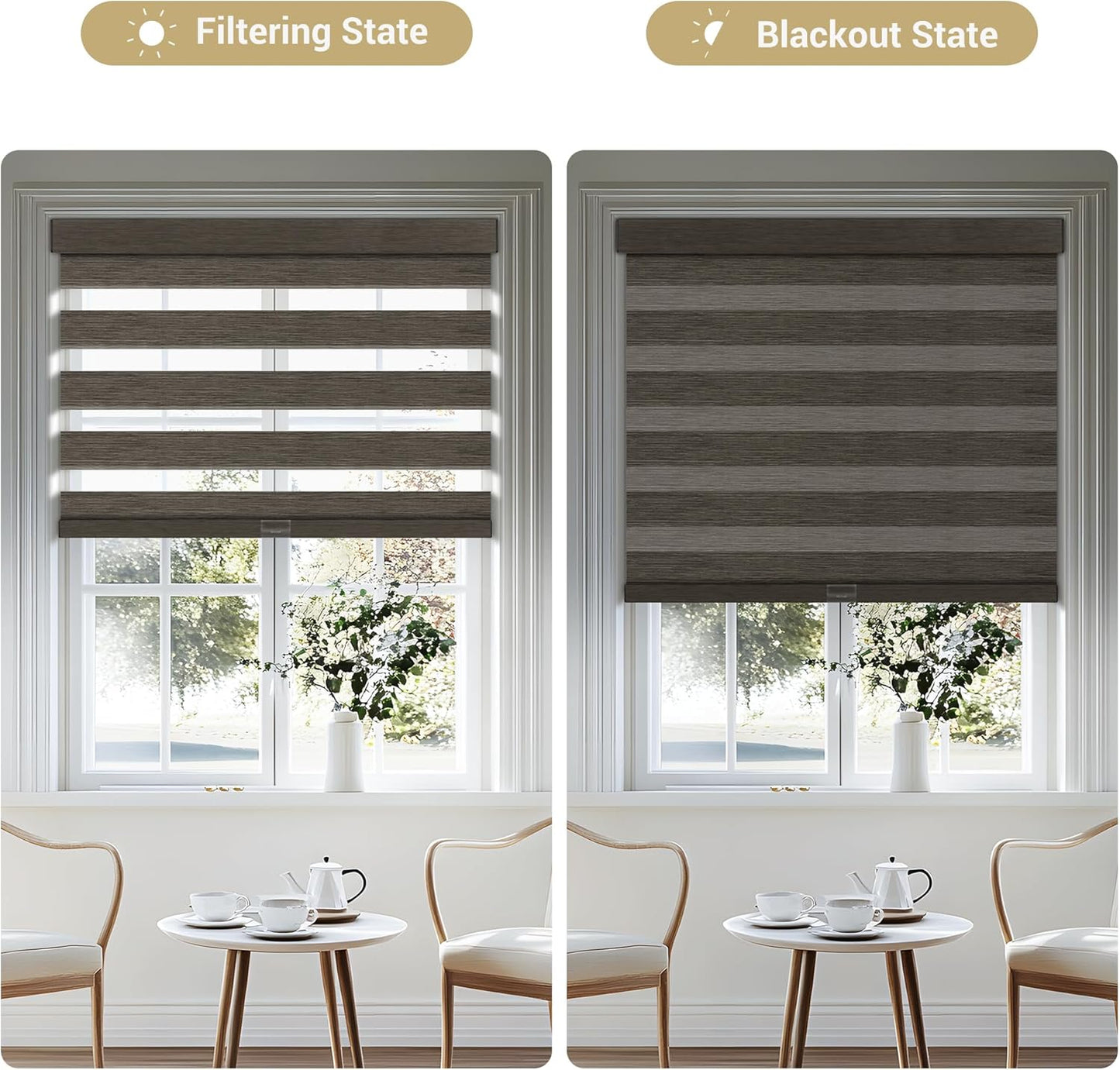 Cordless Zebra Blinds for Windows, Blackout Interior Blinds,Easy to Install,UV Protection,for Offices and Home,Custom Roller Shades, Mousse Dark Bown,52" W x 80" H