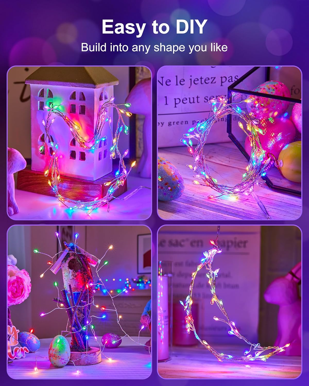 Fairy Lights Battery Operated, Twinkle String Lights Silver Wire 5 FT 60 LED Firecracker Starry Lights for DIY Wreath Home Wedding Bedroom Mason Jar Holiday Easter Decoration, Pink + Multicolor