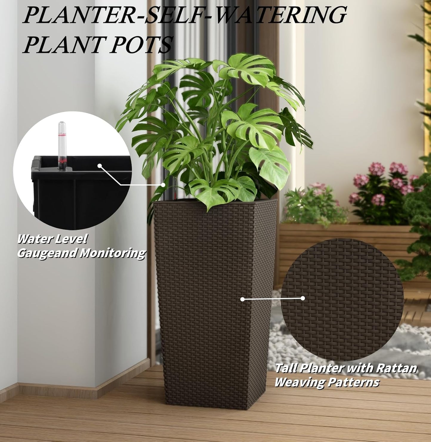 2Pcs 23in High Large Plant Pots Planter-Self-Watering,Modern Planter with Drain Holes,Water Level Monitor,Inner Bucket for Indoor/Outdoor Front Porch Patio,Brown Rattan