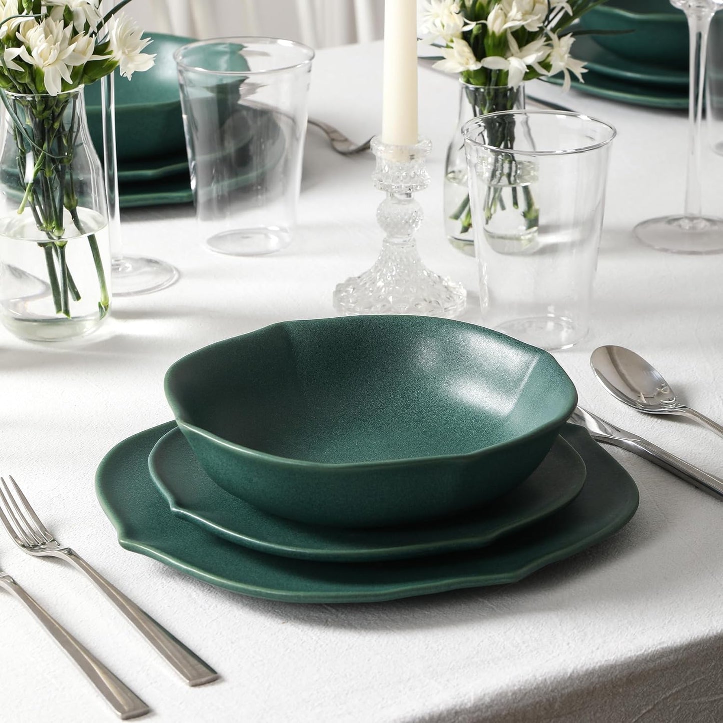 Stone Lain Baskerville 16-Piece Dinnerware Set Stoneware, Borosilicate Glass, Green