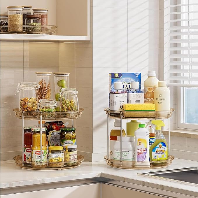 LAMU 2 Pack 2 Tier Lazy Susan Turntable Organizer 10.6'' Rotating Spice Rack Organization for Cabinet, Kitchen, Pantry, Countertop, Bathroom, Vanity, Medicine Cabinet Organizer, Amber