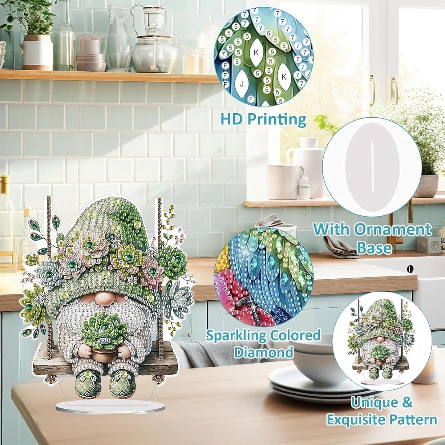 Diamond Painting Kits for Adults Beginners, 5D Full Drill Dwarf Succulents Crystal Art Desktop Ornament, DIY Single Sided Home Office Desk Decor, Creative Craft Gift Set with Tools