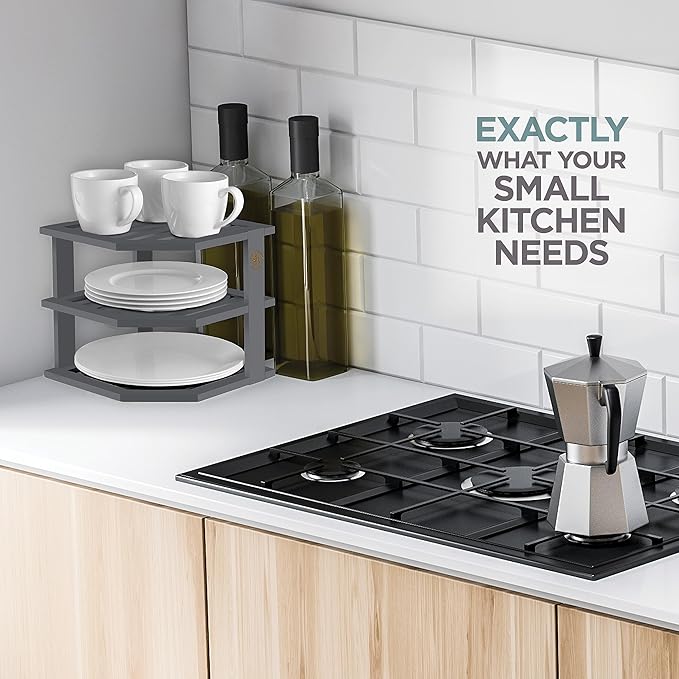 Cabinet Organizer Shelf - Bamboo Corner Rack for Kitchen Counter, Cabinet Space Saver for Plates, Dishes, Bowls, Bread Pantry, Bathroom Storage or Countertop Stand, Grey