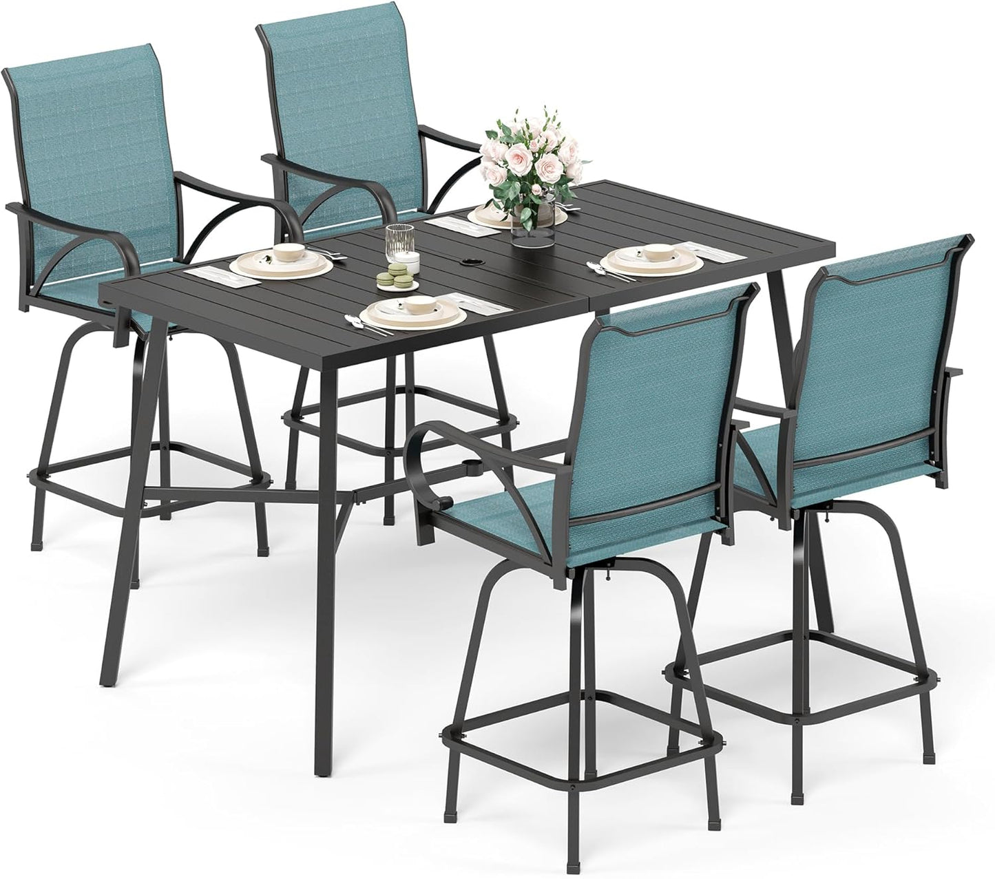 Sophia & William Outdoor Bar Set, Patio Bar Table and Chairs Set, Bar Height Patio Set - 4 x Swivel Bar Chairs(Baby-Blue), 1 x Rectangular Bar Table(Black)