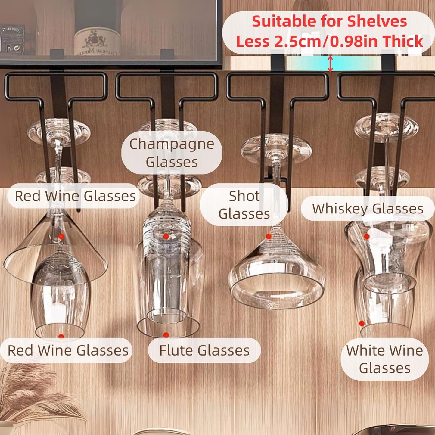 LINFIDITE Wine Glass Holder 2PCS Stemware Rack Hanger Under Cabinet Wine Glass Rack Kitchen Hanging Storage Rack Organizer,Black