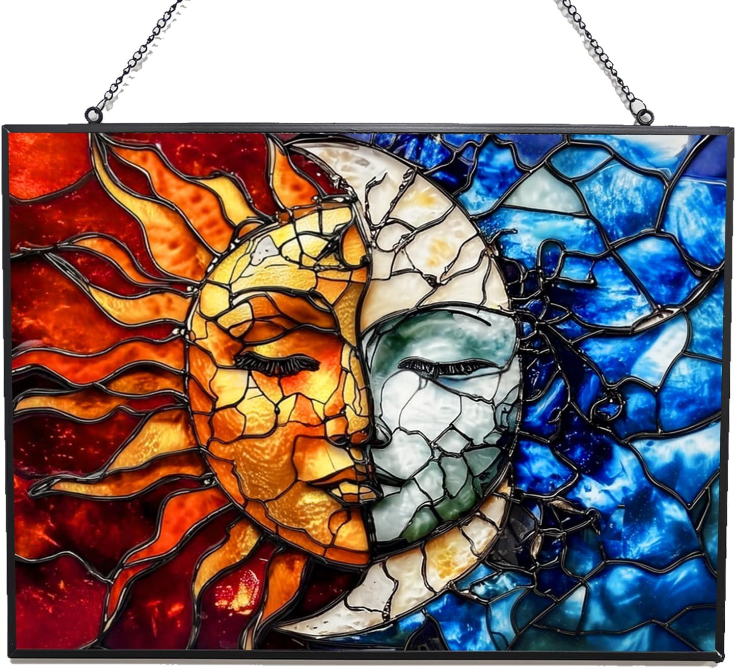 Rectangle Sun and Moon Suncatchers for Windows, Stained Glass Window Hangings,Hand-Painted Glass Panel Perfect for Home Décor